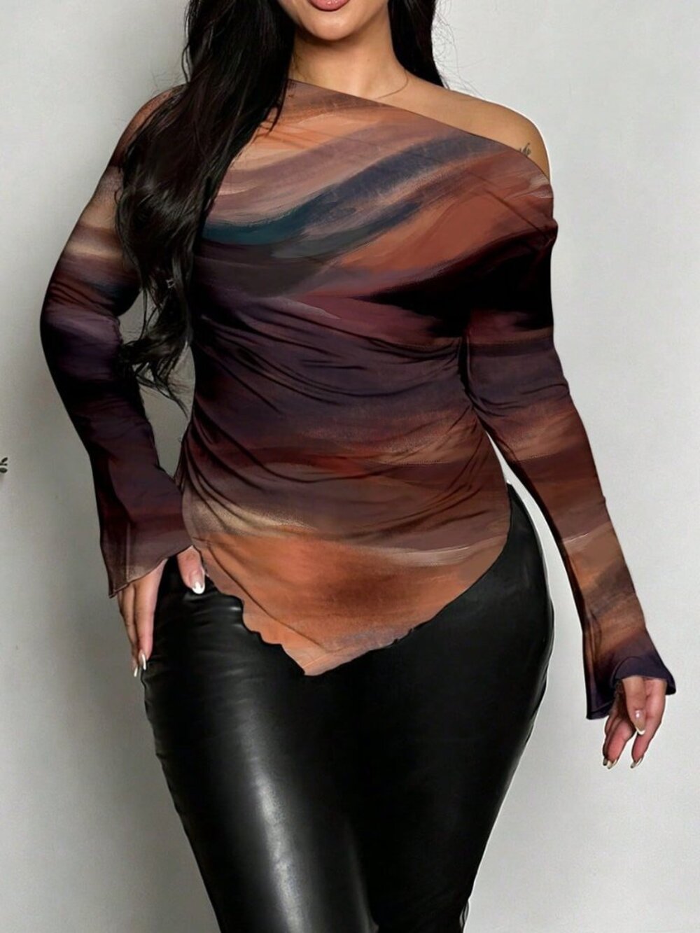 Multicolor Casual Women's Trim Ruched Slim Fit Tie-Dye Top